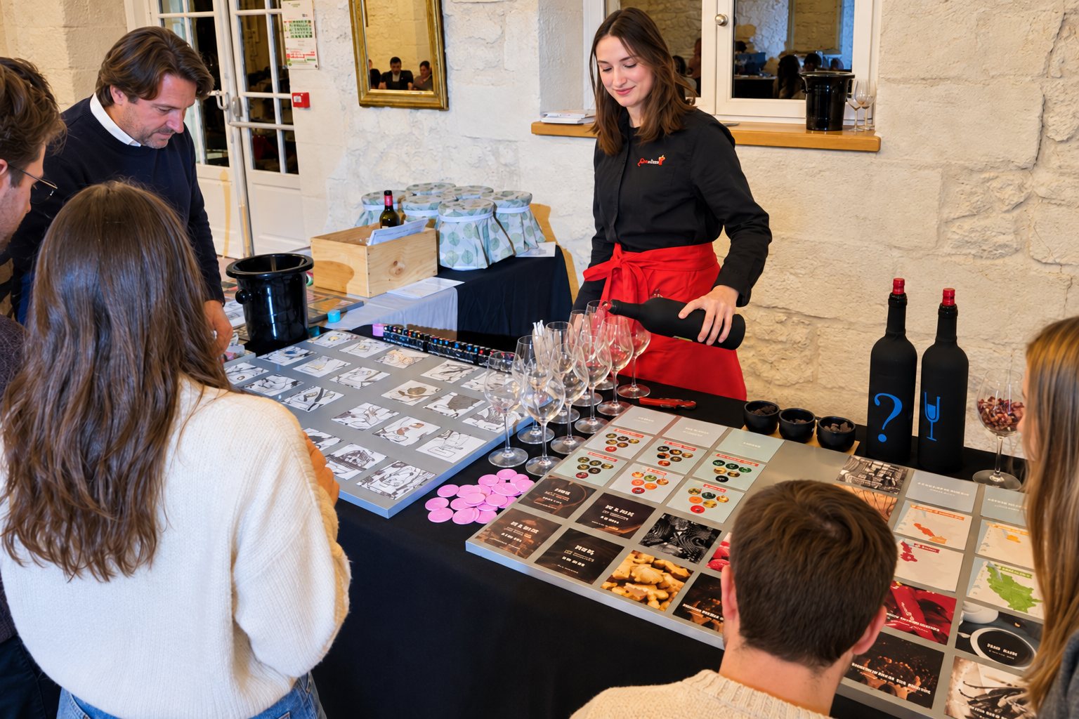Une femme en tablier rouge sert du vin à des participants autour d’une table couverte de verres, de cartes d’arômes et de bouteilles noires, dans une salle en pierre.