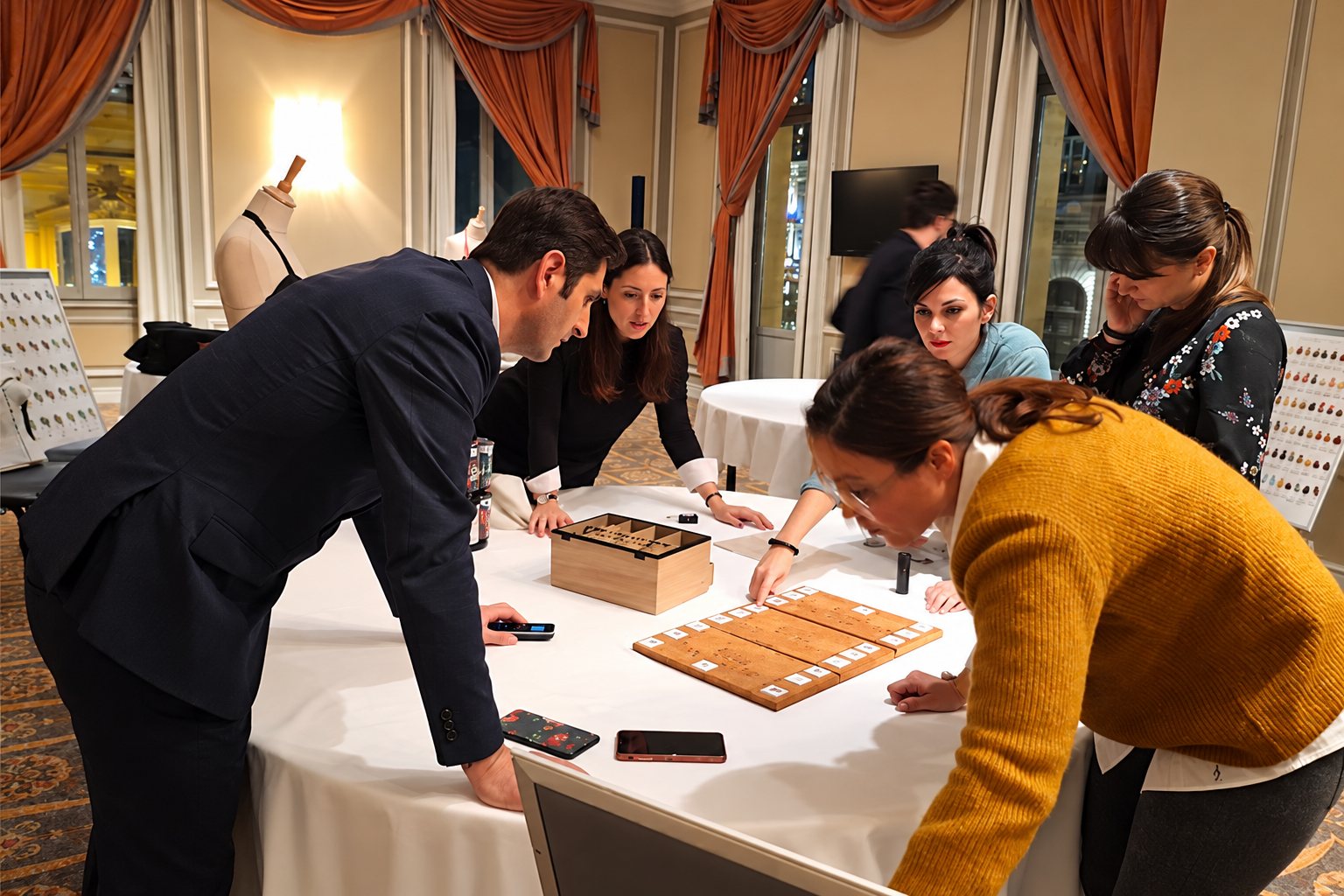 Cinq personnes se penchent autour d’une table ronde recouverte d’une nappe blanche pour examiner un jeu en bois et une boîte en bois dans un salon élégant aux rideaux orange.